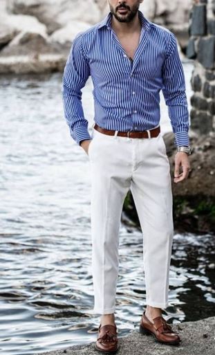 Blue Striped Shirt with White Pant Combination