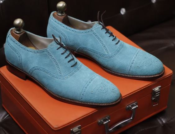 blue coat suit matching shoes
